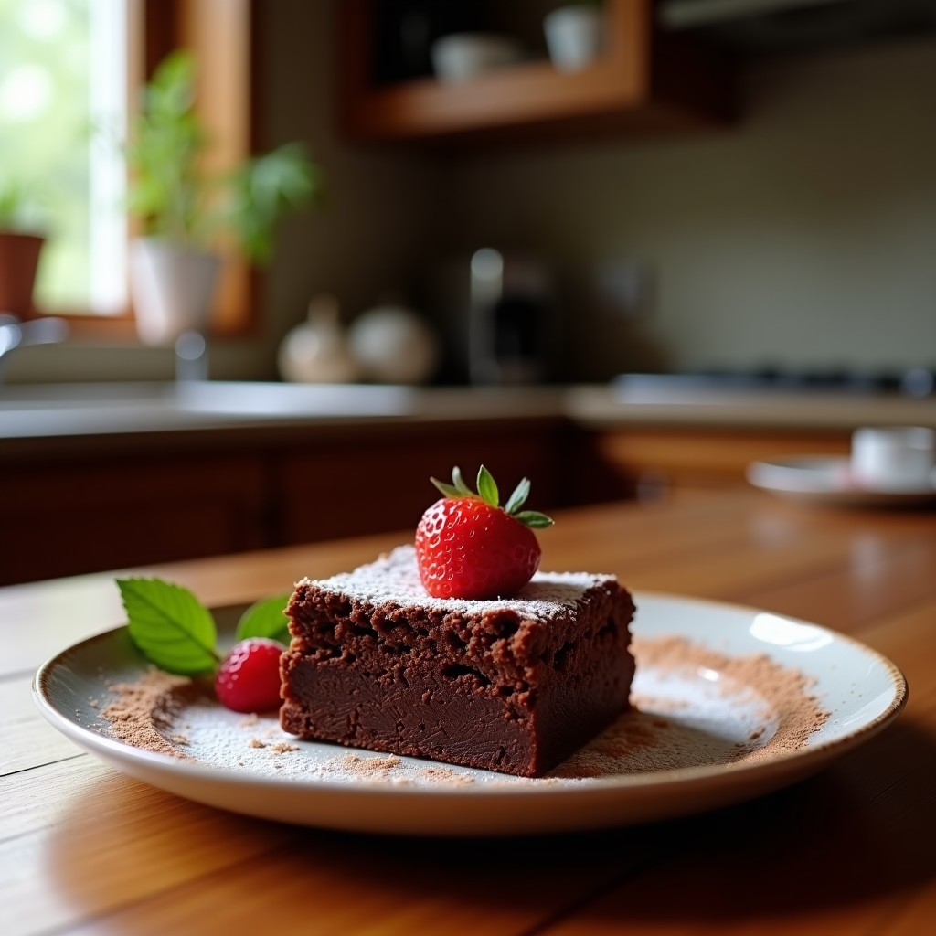 Brownie de lentejas rojas y cacao puro cortado en cuadrados perfectos, con textura húmeda y almendras fileteadas doradas en la superficie. Postre keto sin harina sobre fondo rústico de madera con virutas de cacao espolvoreadas.