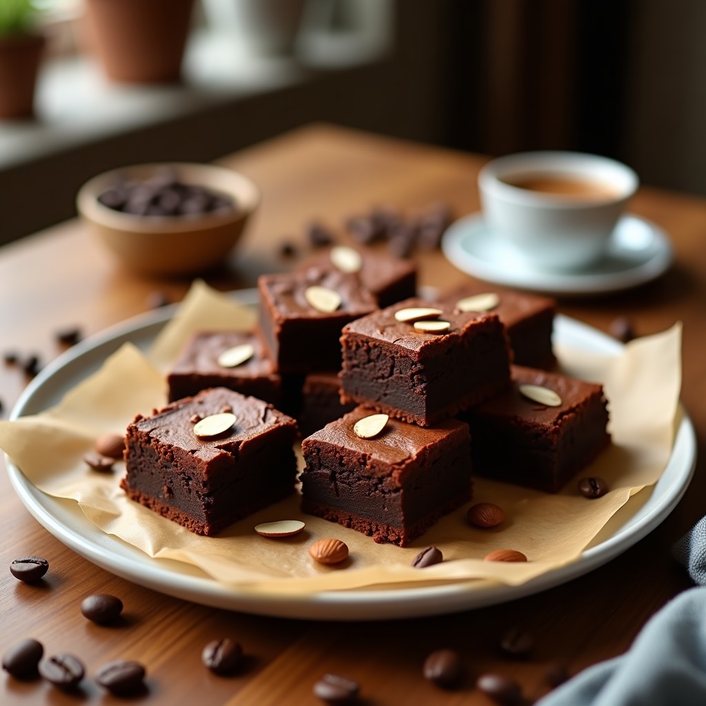 Brownie proteico de café y almendras cortado en cuadrados, con textura densa y brillante, espolvoreado con almendras fileteadas sobre papel de horno rústico.