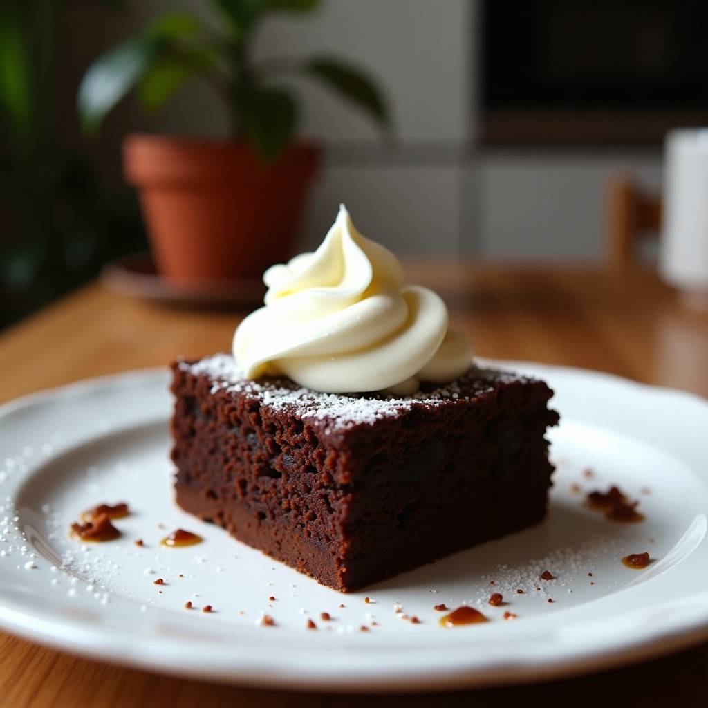 Brownie proteico de café y chocolate keto cortado en cuadrados, con textura húmeda y brillante, sobre un plato de madera rústico con granos de café y virutas de chocolate negro.