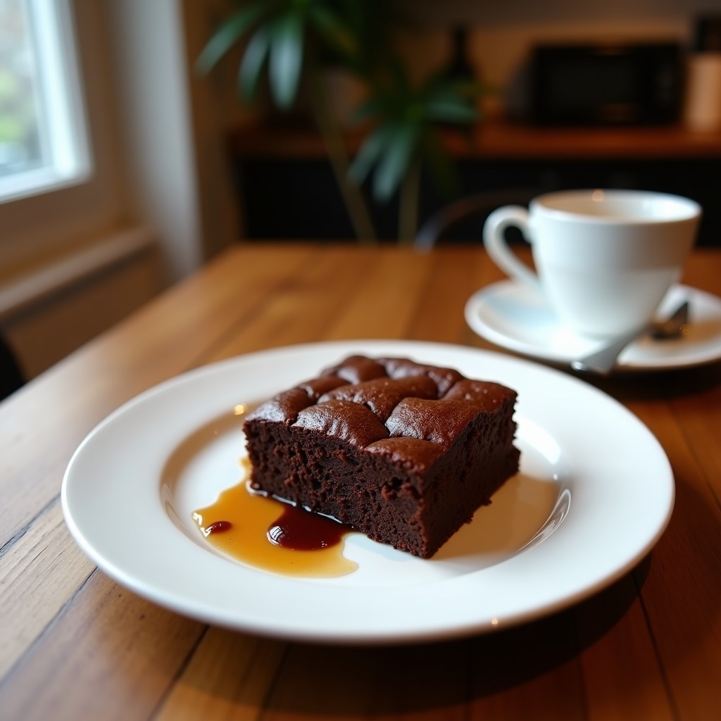 Brownie proteico de café mocha cortado en cuadrados, con textura húmeda y chips de chocolate negro derretidos, servido en un plato de cerámica blanca con una taza de café al fondo.