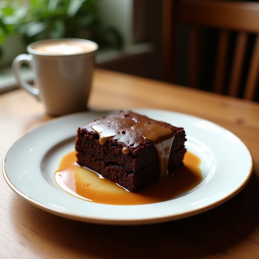 Brownie proteico de café moka cortado en cuadrados sobre tabla de madera, con chips de chocolate negro y espolvoreado de cacao, receta sin horno alta en proteínas.