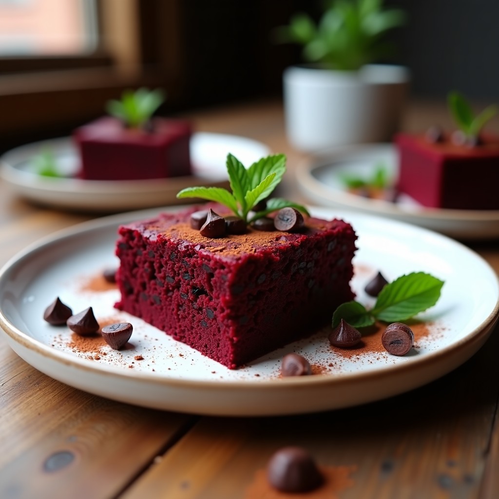 Brownie vegano de remolacha y cacao crudo cortado en cuadrados, con textura húmeda y color intenso, servido en plato blanco con virutas de cacao y hojas de menta.