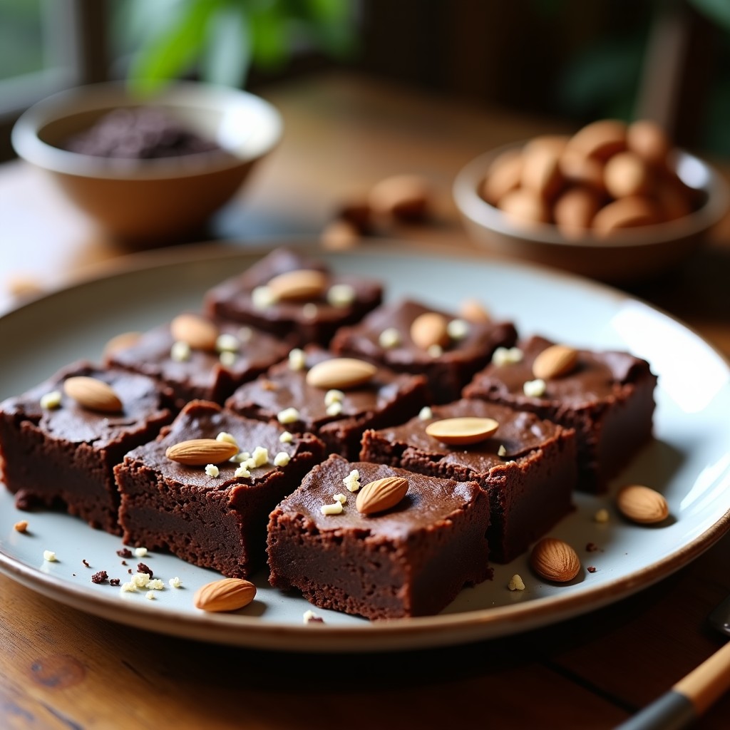 Brownie vegano de avena y cacao puro cortado en cuadrados, con textura esponjosa y chips de cacao derretidos en la superficie, espolvoreado con almendras picadas.