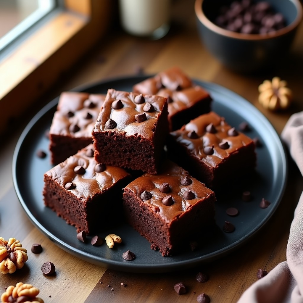 Brownies de black bean y cacao cortados en cuadrados perfectos, con textura húmeda y trozos de nueces y chips de cacao en la superficie, servidos en un plato de cerámica negra sobre fondo rústico.