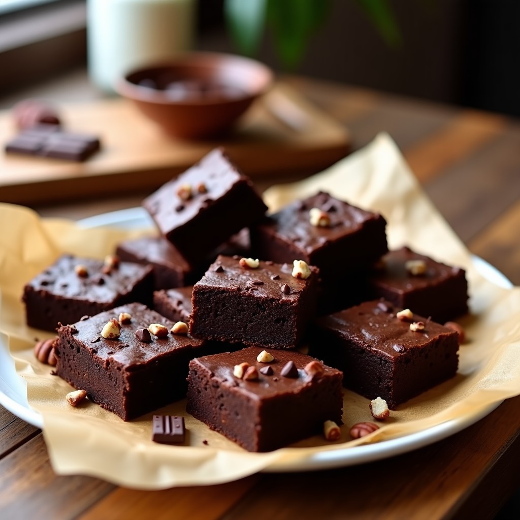 Brownies de black bean y chocolate 90% keto cortados en cuadrados, con textura húmeda y brillante, decorados con virutas de chocolate oscuro y nueces de pecana picadas sobre un papel de horno rústico.