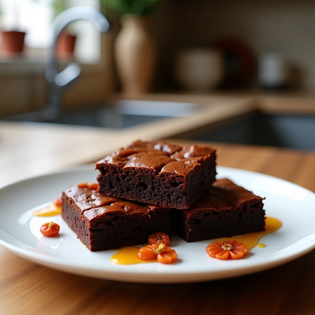 Brownies de boniato y almendras keto recién horneados en airfryer, con textura esponjosa y color dorado intenso, cortados en porciones cuadradas y servidos en un plato de cerámica blanca con trocitos de almendras por encima.