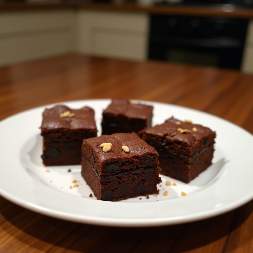 Brownies de boniato y cacahuete sin harina servidos en un plato de madera rústico, con textura húmeda y brillante, decorados con trocitos de cacahuete tostado y un hilo de crema de cacahuete. Postre saludable y rico en fibra.