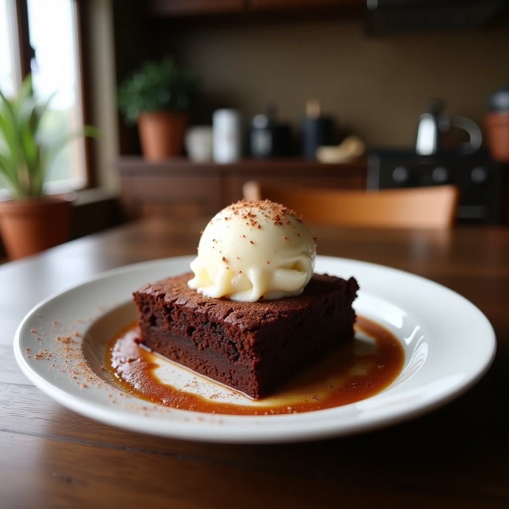 Brownies de boniato y cacao cortados en cuadrados perfectos, con textura húmeda y trozos de nueces pecanas. Servidos en plato blanco con una bola de helado de vainilla cremoso encima, espolvoreado con cacao en polvo. Postre sin harina y sin azúcar.