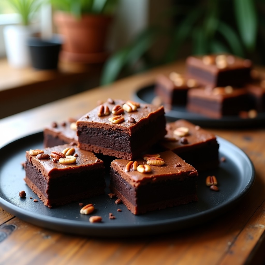 Brownies de boniato y cacao con nuez pecana keto, cortados en cuadrados perfectos, con textura húmeda y fudgy, espolvoreados con nueces pecanas tostadas y trozos de cacao puro. Postre sin azúcar en plato rústico de madera.