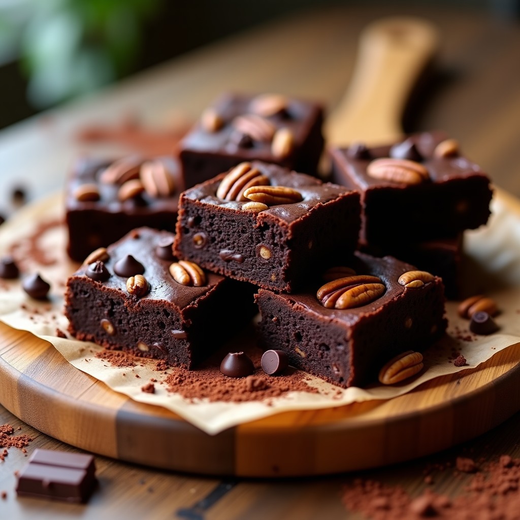Brownies de frijoles negros y cacao veganos, cortados en cuadrados sobre una tabla de madera. Textura húmeda y brillante con trozos de nueces de pecana y chips de chocolate negro en la superficie. Fondos borrosos de cocoa en polvo y frutos secos.