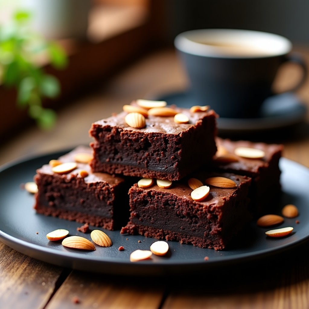 Brownies de garbanzo y chocolate negro en airfryer, postre proteico sin harina, con textura esponjosa y almendras fileteadas en la superficie, servidos en plato negro sobre fondo rústico.