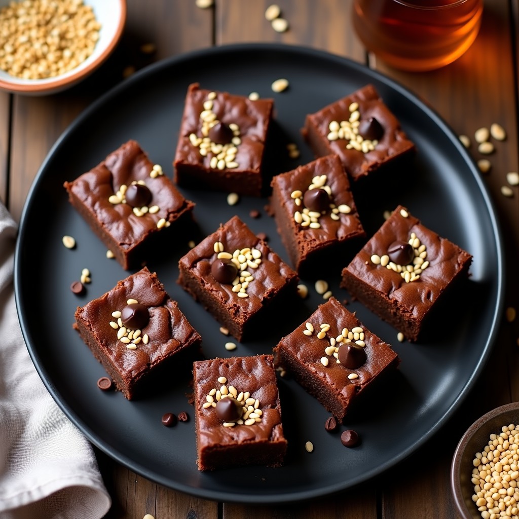 Brownies keto de garbanzo y tahini cortados en cuadrados, con superficie brillante salpicada de semillas de sésamo tostadas y chips de chocolate negro, sobre un plato de cerámica oscura con fondo rústico.