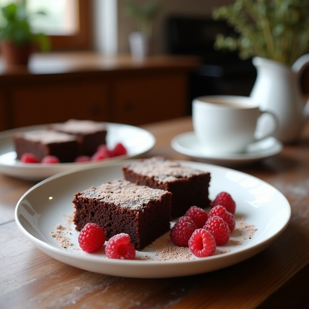 Brownies keto de harina de castaña con trozos de chocolate 85% y coronitas de frambuesa fresca, servidos en plato de cerámica oscura sobre fondo rústico.
