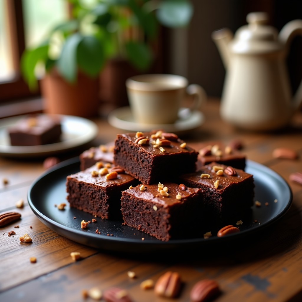 Brownies de harina de castaña y chocolate negro cortados en cuadrados, con nueces pecanas tostadas en la superficie, textura húmeda y brillante, servidos en plato de cerámica negra sobre fondo rústico de madera.