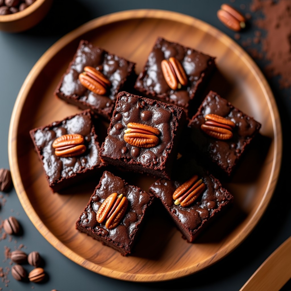 Brownies veganos ultraesponjosos de lentejas negras y cacao, cortados en cuadrados perfectos, con chips de cacao y nueces de pecana tostadas en la superficie, servidos sobre un plato de madera rústica con fondo oscuro.