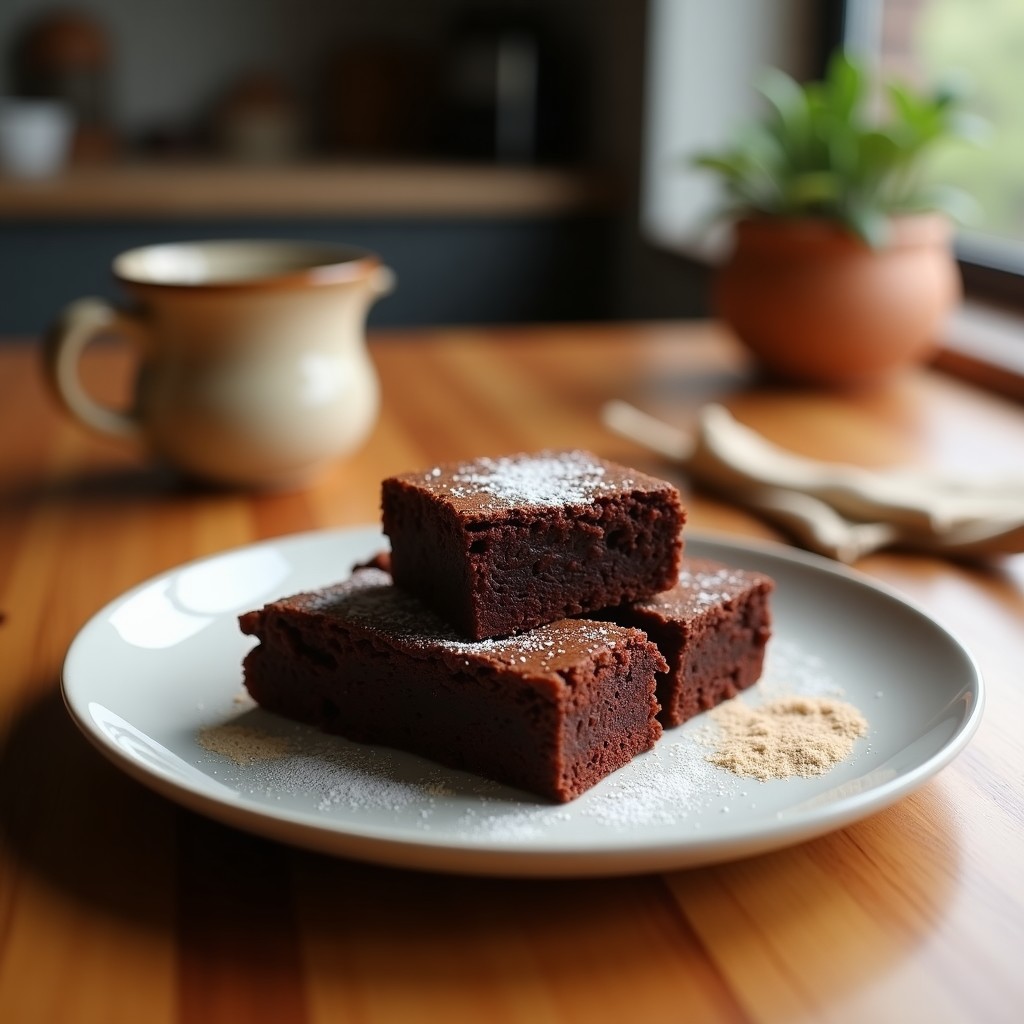 Brownies veganos de proteína con 3 ingredientes en un plato de madera, textura densa y húmeda, decorados con almendras enteras y espolvoreados con cacao en polvo.