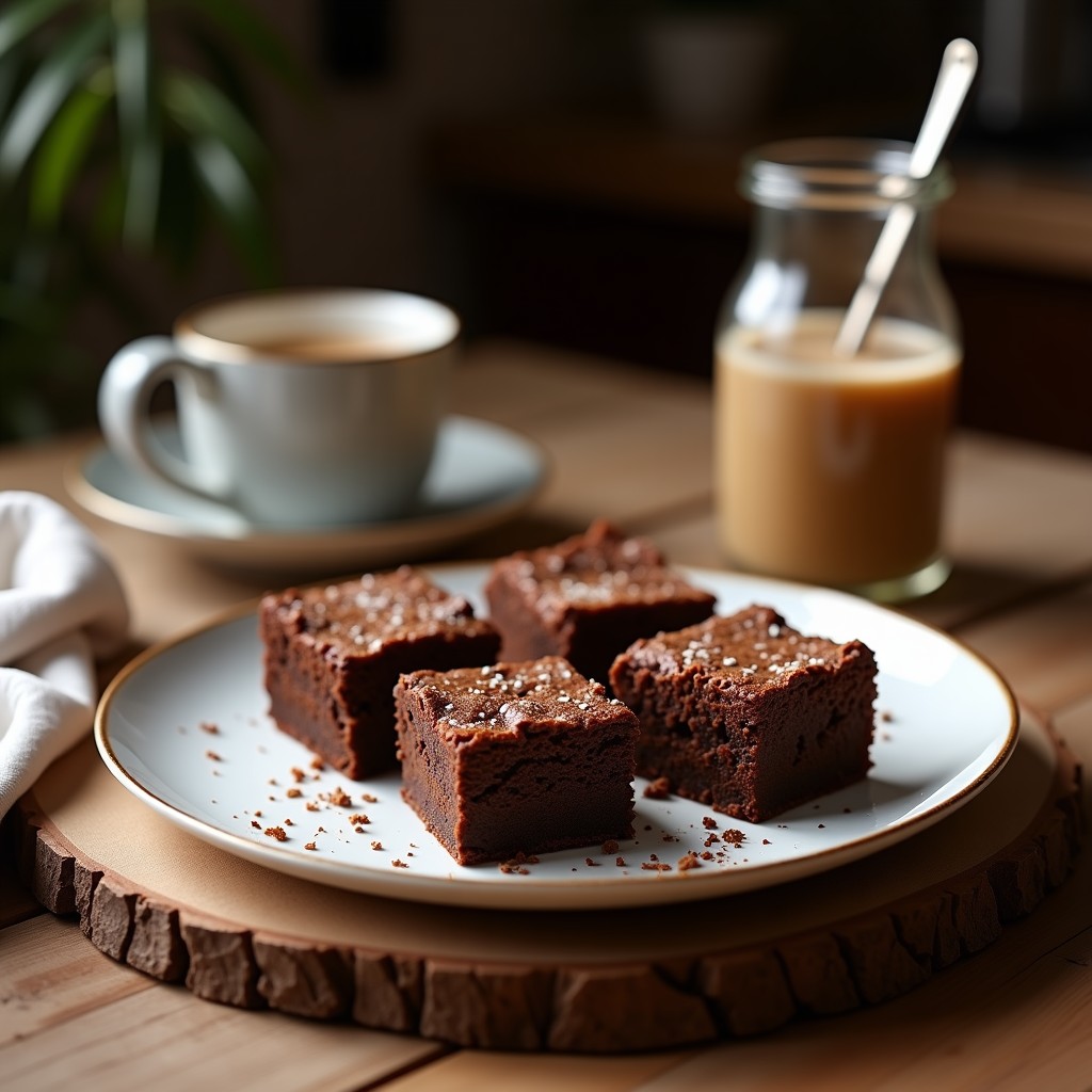 Brownies proteicos de café y almendra sin harina, cortados en cuadrados y servidos en un plato blanco rústico, con virutas de chocolate negro y una taza de café humeante al fondo.