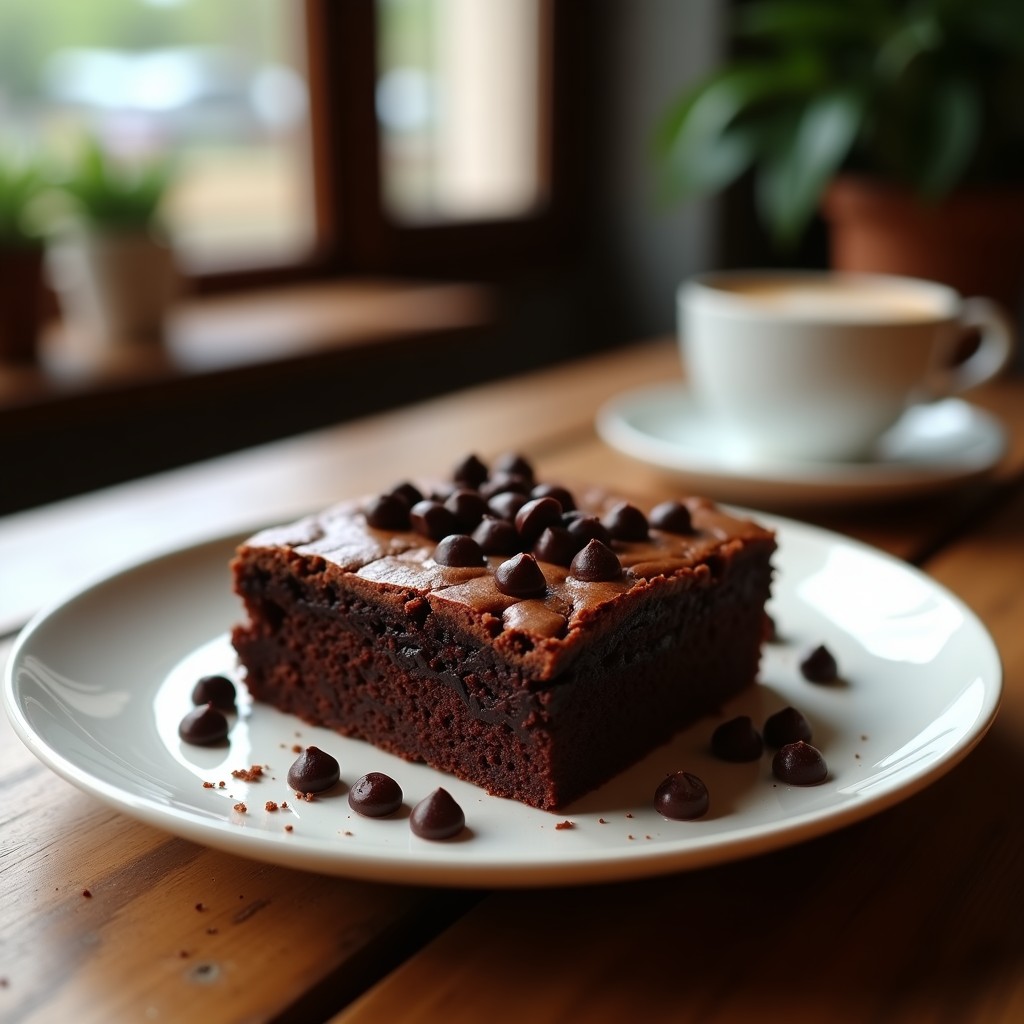 Brownies veganos de café y tofu sedoso en molde cuadrado, con chips de chocolate negro fundido, textura densa y húmeda, sobre fondo rústico de madera.