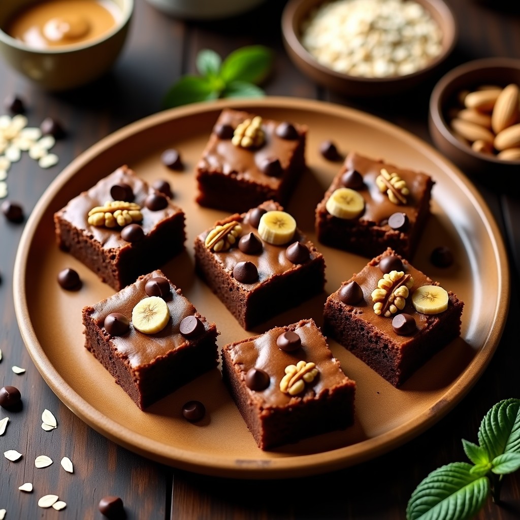 Brownies proteicos de avena y plátano cortados en cuadrados, con textura húmeda y chips de chocolate negro en la superficie, servidos en un plato de madera rústico.