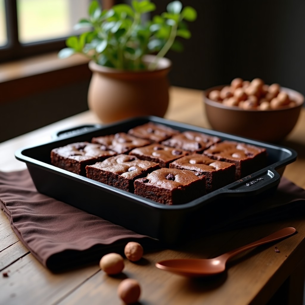 Bandeja de brownies proteicos de chocolate negro con avellanas tostadas, cortados en cuadrados, con textura esponjosa y brillo intenso, servidos sobre un mantel rústico.