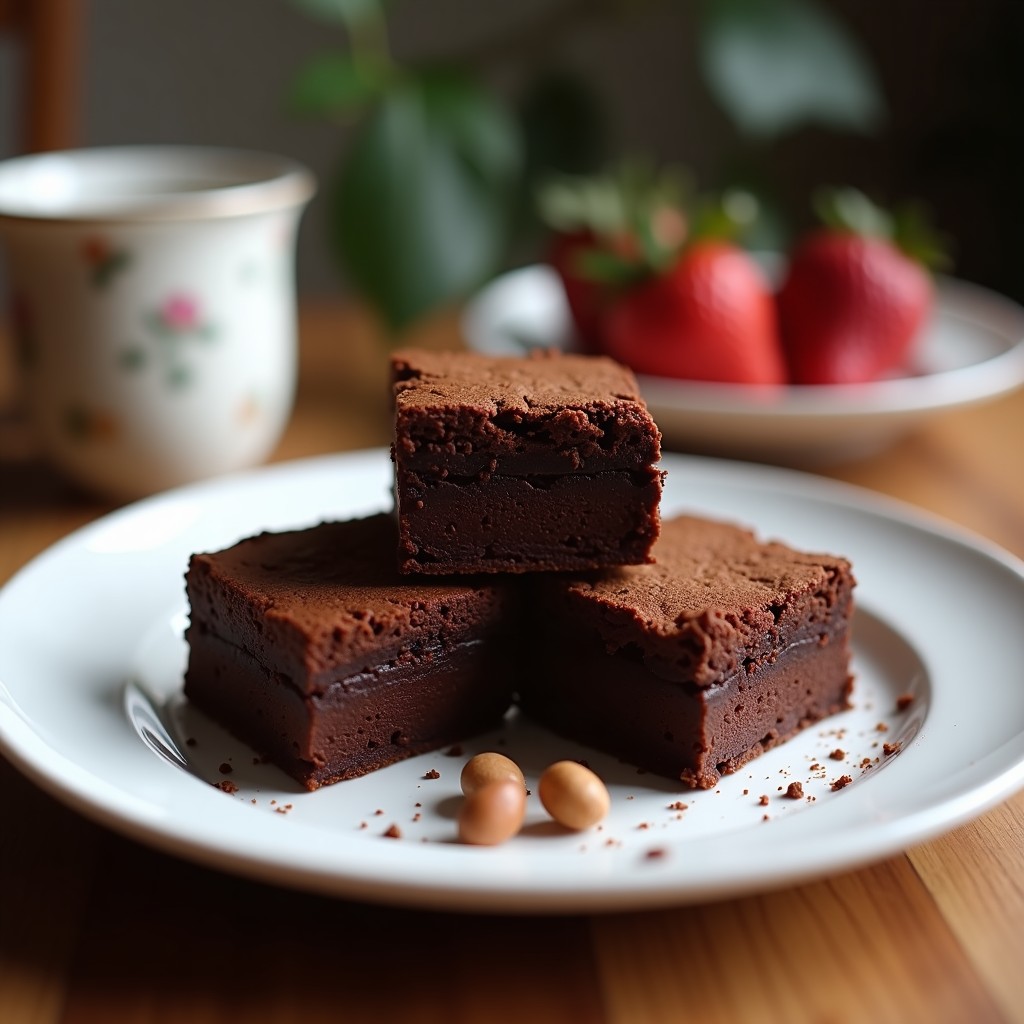 Brownies de cacao negro proteicos recién horneados, con textura densa y brillante, espolvoreados con almendras fileteadas tostadas. Receta sin harina y sin azúcar, alta en proteína.