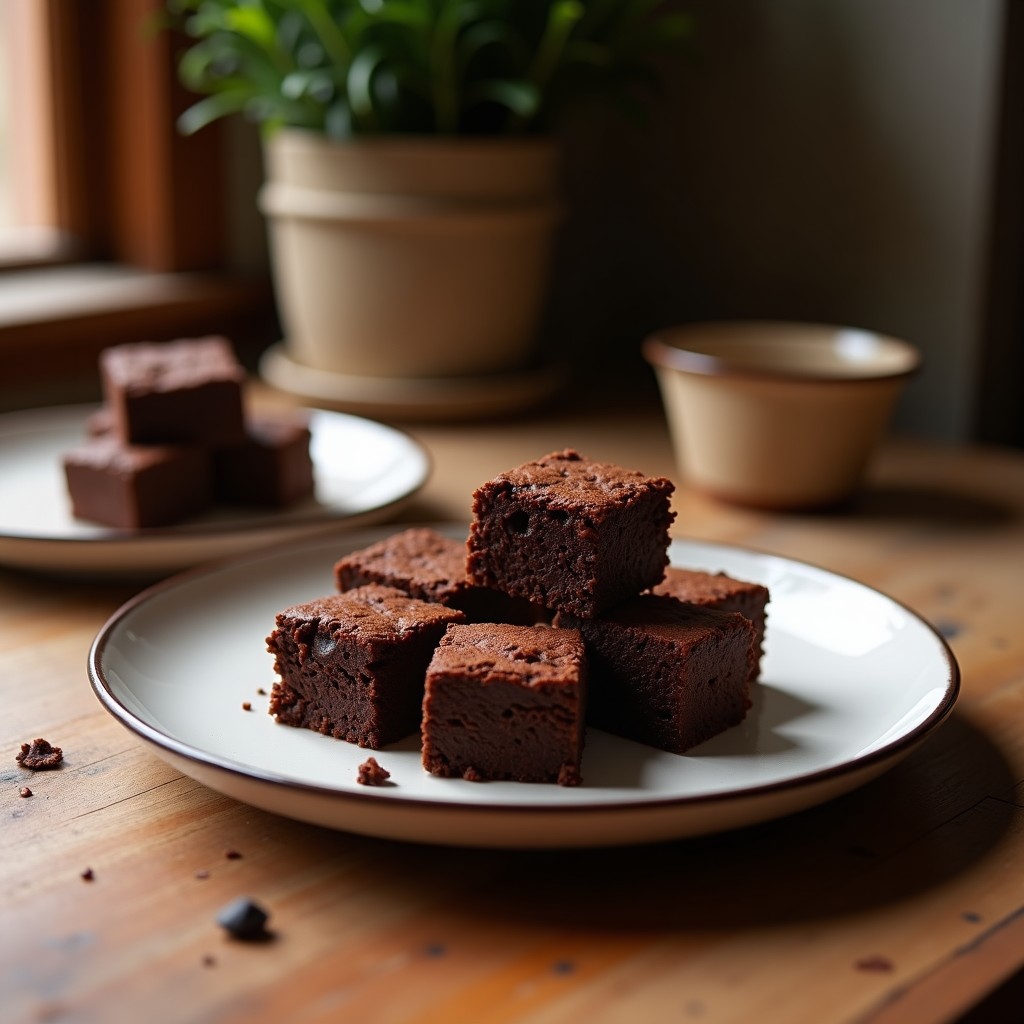 Brownies proteicos de cacao puro en Thermomix, cortados en cuadrados perfectos, con textura esponjosa y chips de chocolate negro derretido en la superficie, sobre un plato de madera rústica.