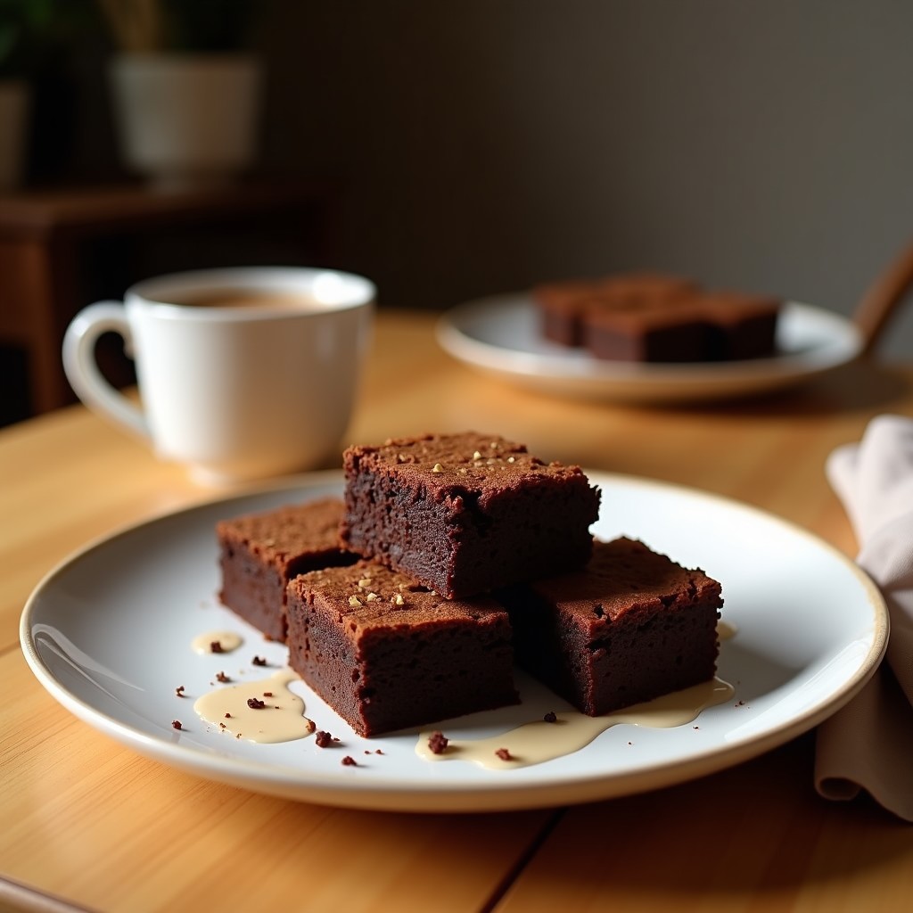 Brownies keto de café y almendra cortados en cuadrados, con textura húmeda y chips de chocolate 90% derritiéndose ligeramente, decorados con almendras fileteadas tostadas.