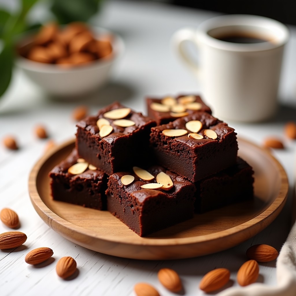 Brownies proteicos de café y almendras en airfryer, cortados en cuadrados, con textura esponjosa y almendras tostadas en la superficie, sobre un plato de madera rústico.
