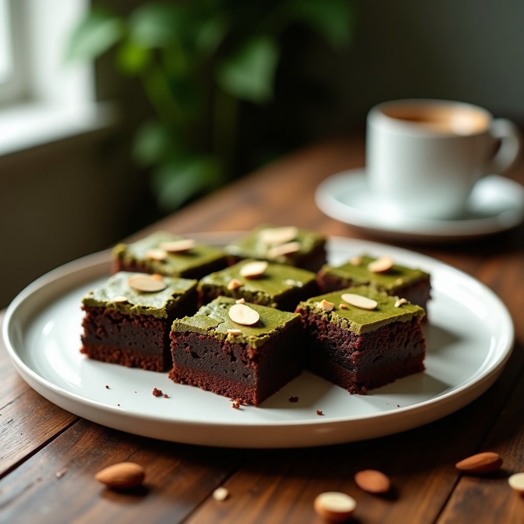 Brownies proteicos de café y matcha cortados en cuadrados, con textura esponjosa y almendras picadas por encima, servidos en plato blanco sobre fondo rústico.