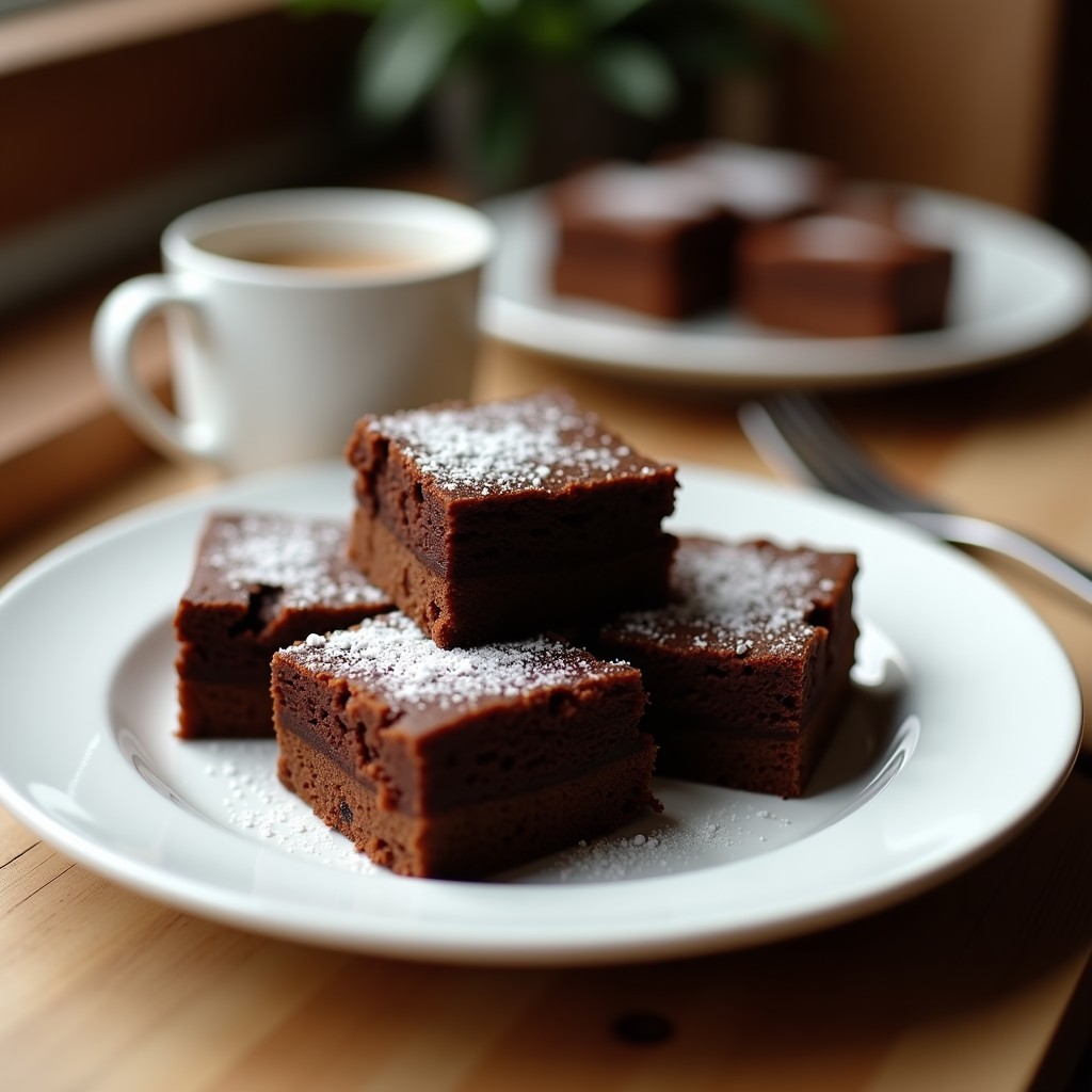 Brownies de café moka altos en proteína cortados en cuadrados, con textura húmeda y chips de chocolate negro derretido, sobre un plato de madera rústica.