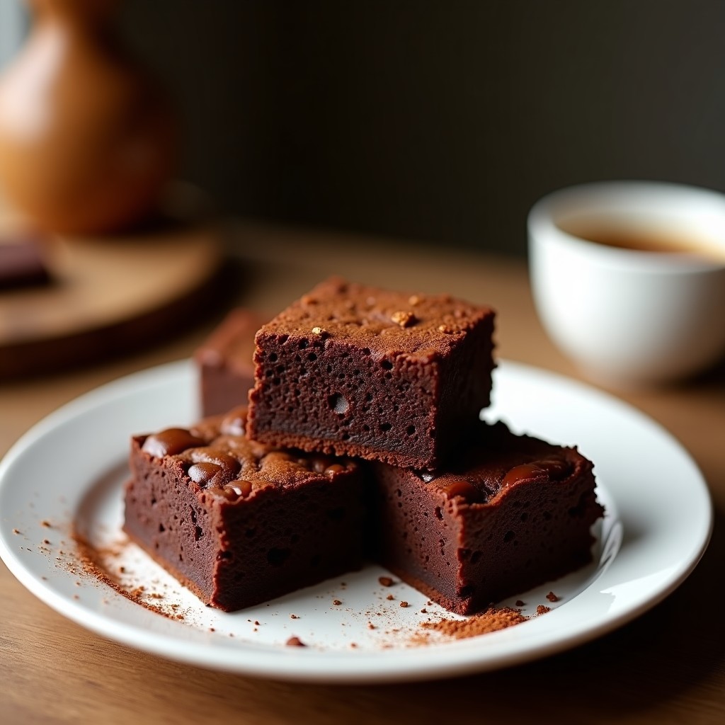 Brownies de proteína con cacao y avena en cuadrados perfectos, textura húmeda y chips de chocolate negro derretidos, sobre papel de horno rústico.