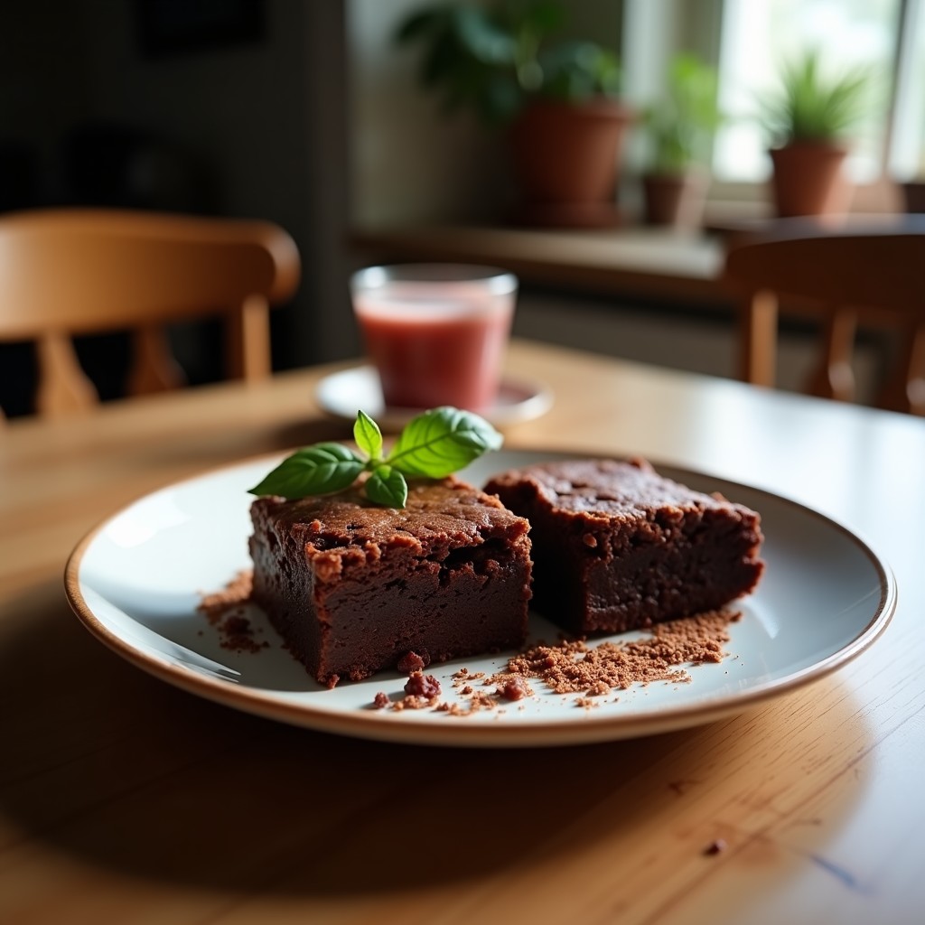 Brownies de proteína con chocolate negro en cuadrados perfectos, textura húmeda y brillante, espolvoreados con cacao en polvo sobre un plato de madera rústica.