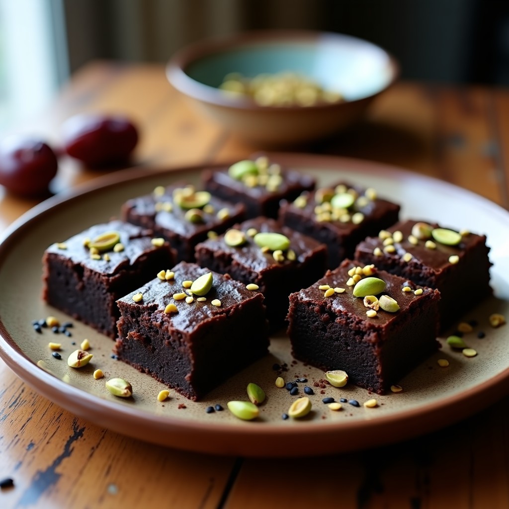 Brownies de sésamo negro y dátiles cortados en cuadrados perfectos, con superficie brillante y espolvoreados de sésamo negro tostado. Textura densa y húmeda, sobre un plato de cerámica blanca con detalles árabes.