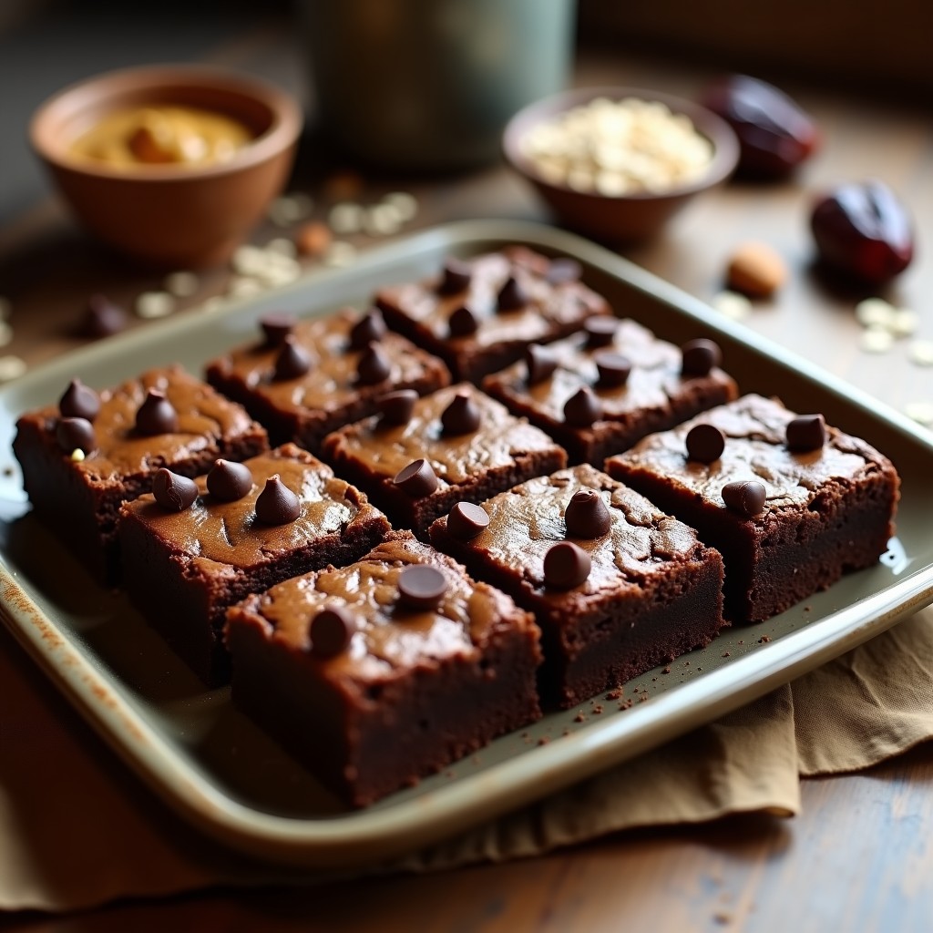 Brownies veganos de avena y dátiles cortados en cuadrados, con textura esponjosa y húmeda, decorados con nueces y chips de chocolate negro sobre papel de horno rústico.