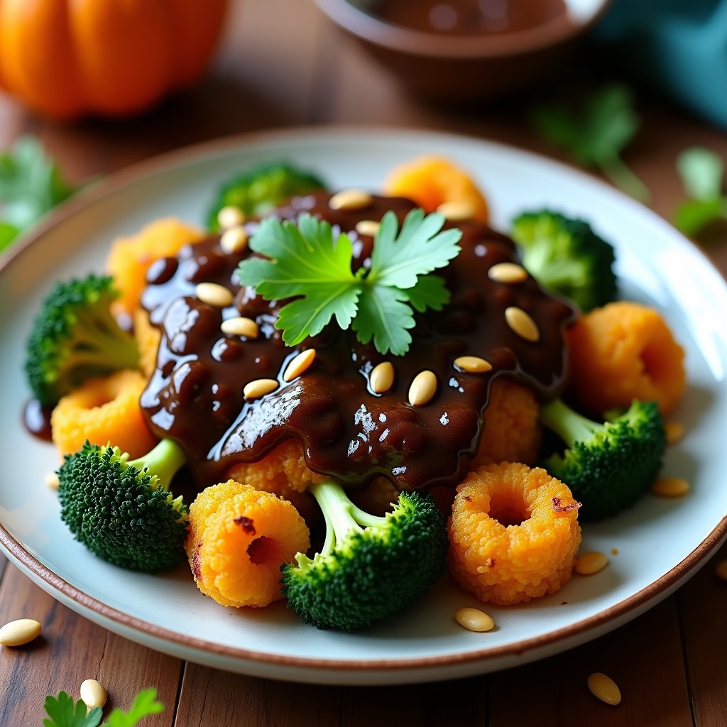 Plato hondo de barro con brozos de brócoli dorados y jugosos, bañados en mole negro oaxaqueño brillante, espolvoreados con semillas de calabaza tostadas y decorados con hojas de epazote fresco. Receta keto en airfryer.