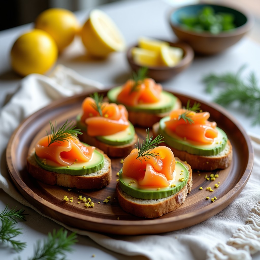 Bruschettas keto de aguacate y huevas de salmón sobre pan de almendra tostado, decoradas con eneldo fresco y ralladura de limón en un plato de madera rústica.