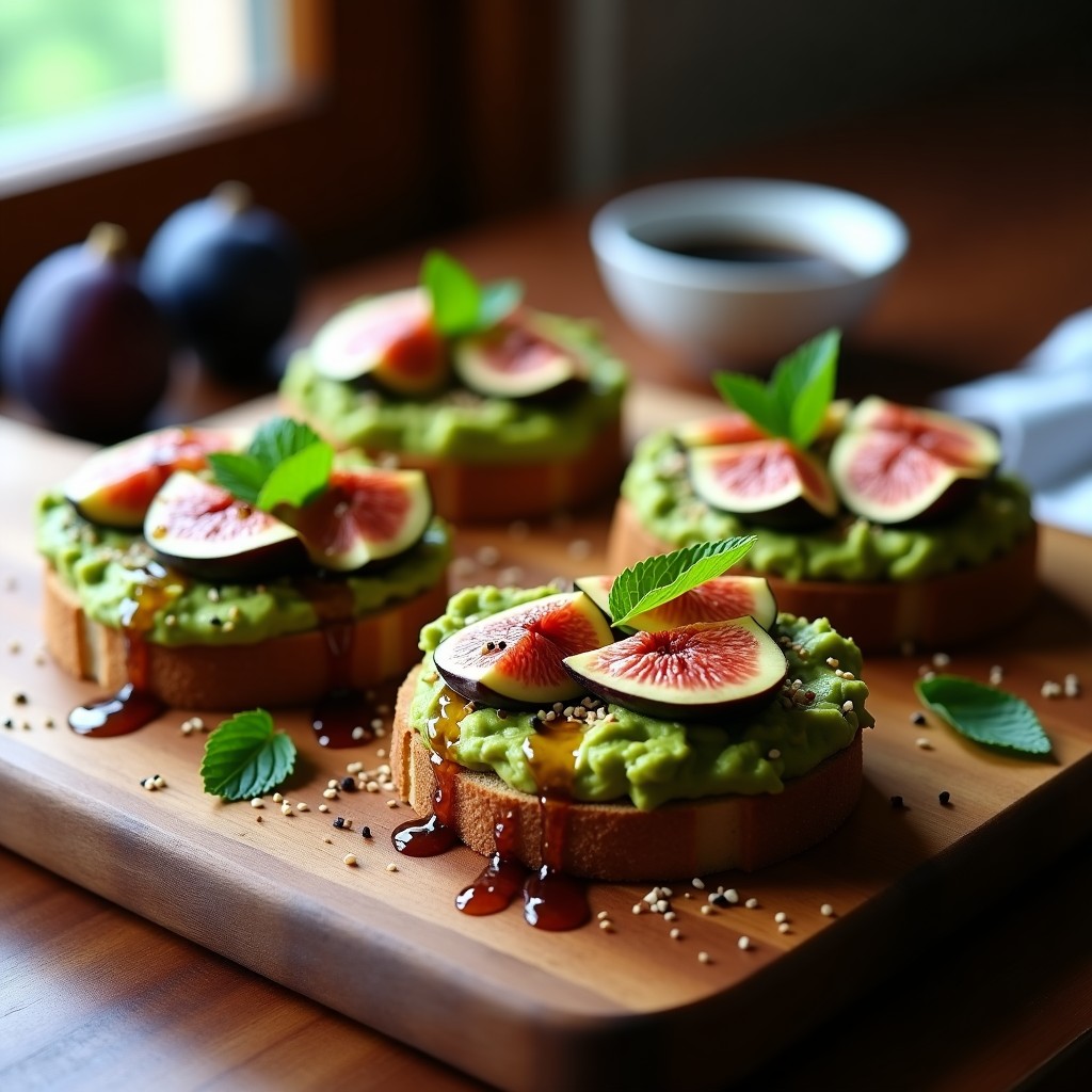 Bruschettas de pan de centeno tostado con crema de aguacate verde, láminas de higos frescos, semillas de sésamo y hojas de menta, bañadas con miel de agave y vinagre balsámico glacé sobre tabla de madera rústica.