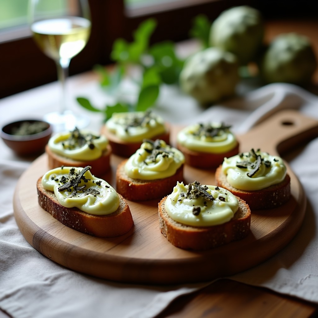 Bruschettas de pan de centeno tostado con crema de alcachofas suave y brillante, coronadas con virutas de trufa negra y sal en escamas, servidas en bandeja de madera rústica con hierbas frescas al fondo.