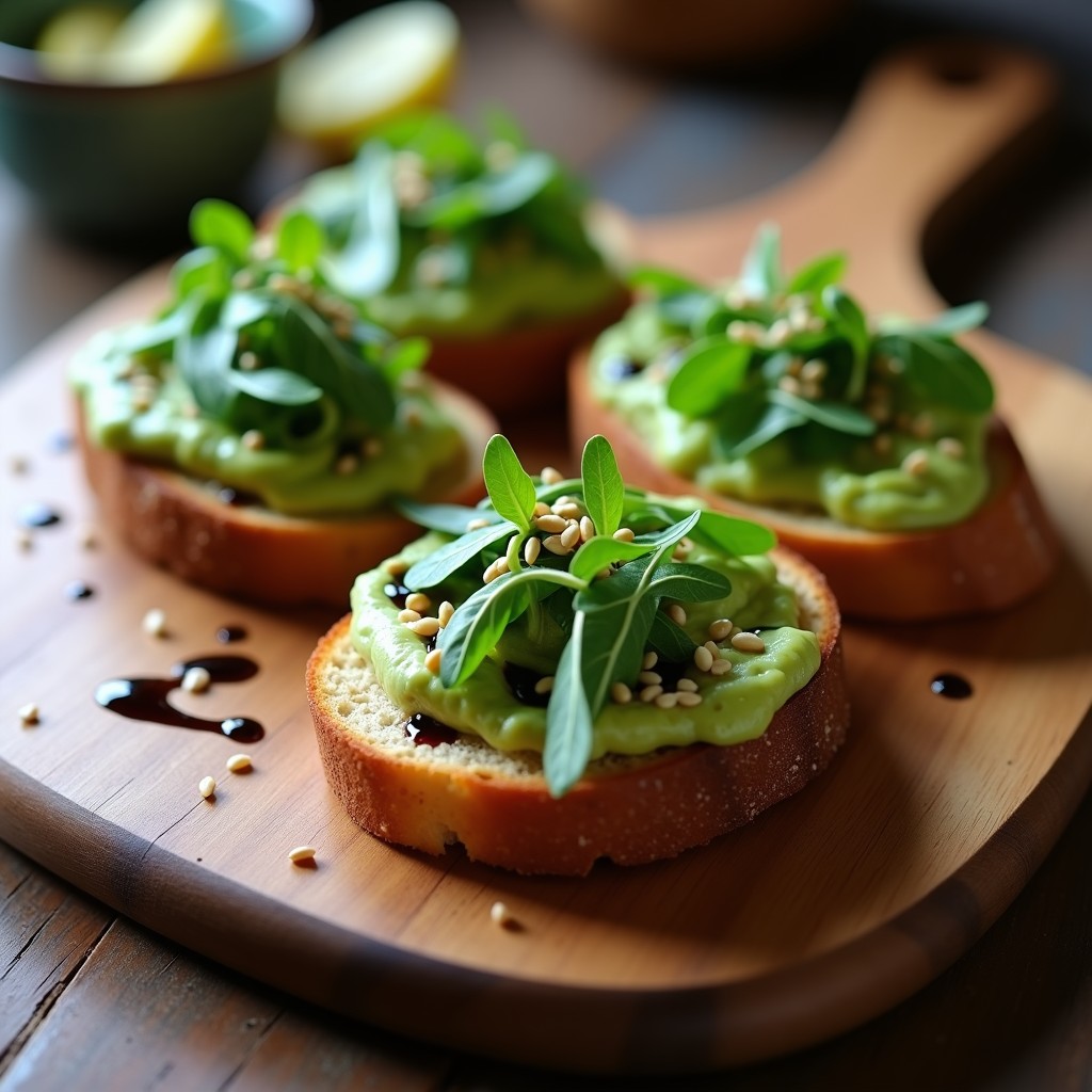 Bruschettas de pan de centeno tostado con puré cremoso de habas verdes, coronadas con hojas frescas de rúcula y semillas de calabaza doradas. Plato rústico de madera con fondo borroso de cocina italiana. Receta sin gluten preparada en Thermomix.
