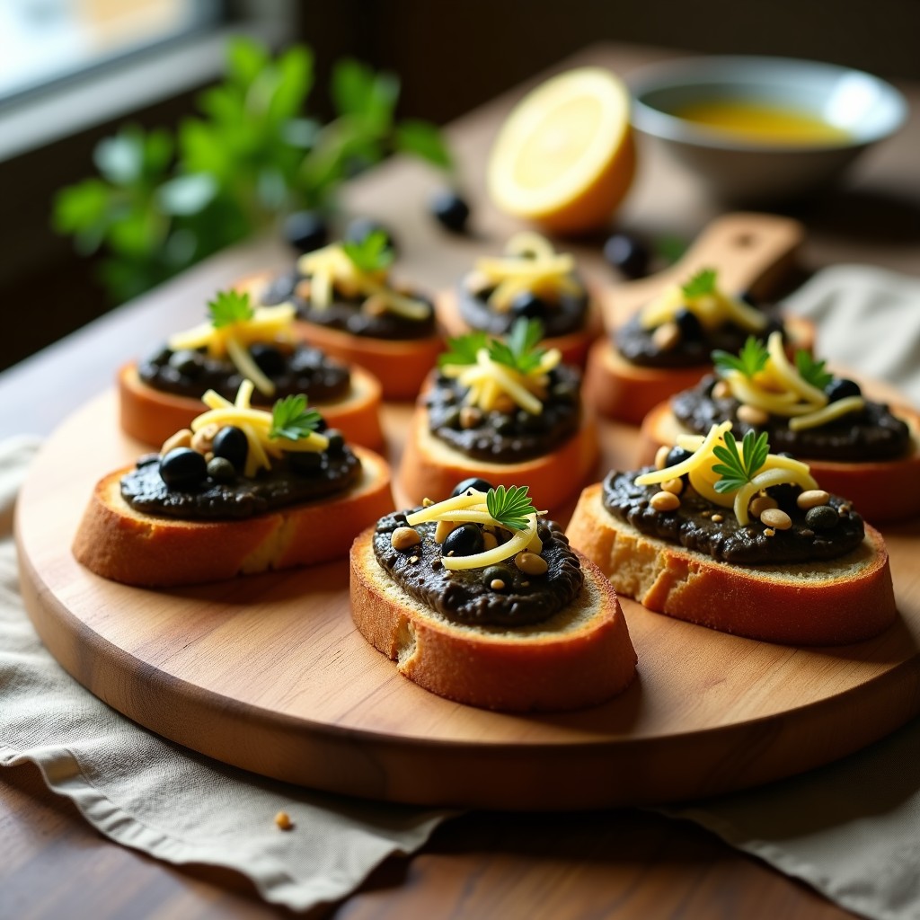 Bruschettas de pan de centeno tostado con paté de aceitunas negras y trocitos de limón confitado, decoradas con piñones y hierbas frescas sobre una tabla de madera rústica.