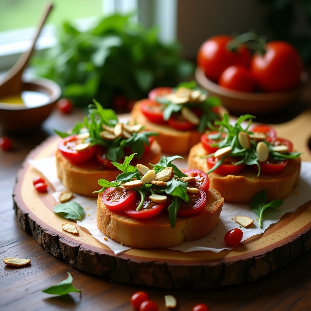 Bruschettas de pan de centeno sin gluten tostado con tomate seco marinado, rúcula fresca, almendras fileteadas y escamas de queso pecorino sobre una tabla de madera rústica, receta italiana crujiente y saludable.