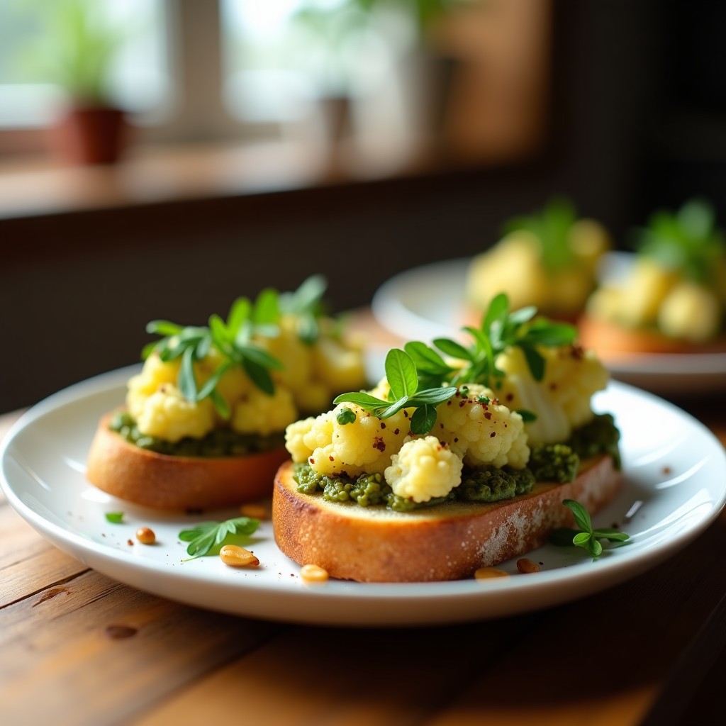 Bruschettas keto de pan de coliflor dorado y crujiente, con pesto verde de rúcula y piñones, decoradas con almendras fileteadas y queso parmesano rallado sobre una tabla de madera rústica.