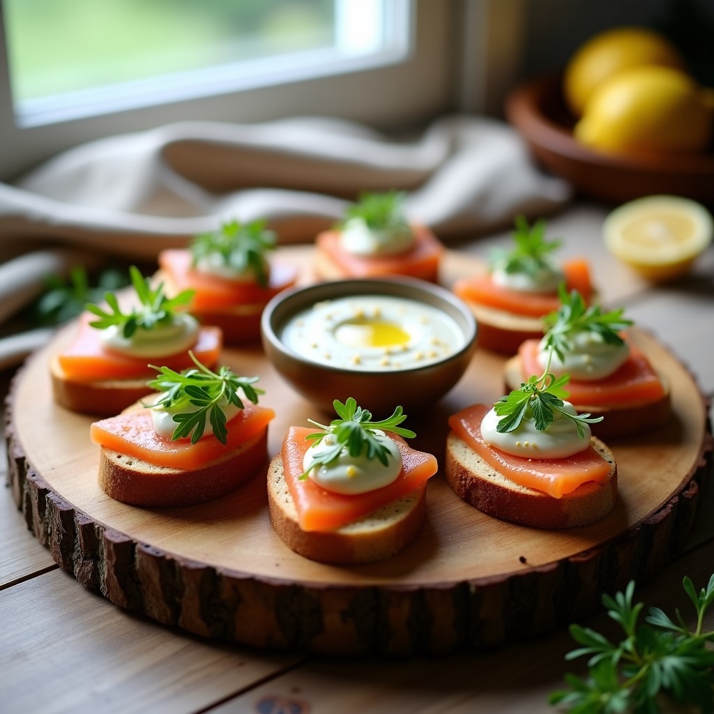 Bruschettas de pan de Alaska dorado y crujiente con láminas de salmón ahumado, crema de eneldo y limón confitado, rúcula baby y aceite de sésamo tostado, presentadas en tabla de madera rústica con toque nórdico.
