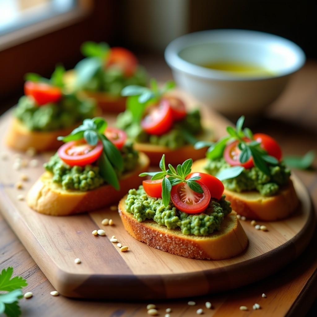 Bruschettas de Pan de Garbanzo con Pesto de Rábano Picante: Aperitivo Sin Gluten y Vegano