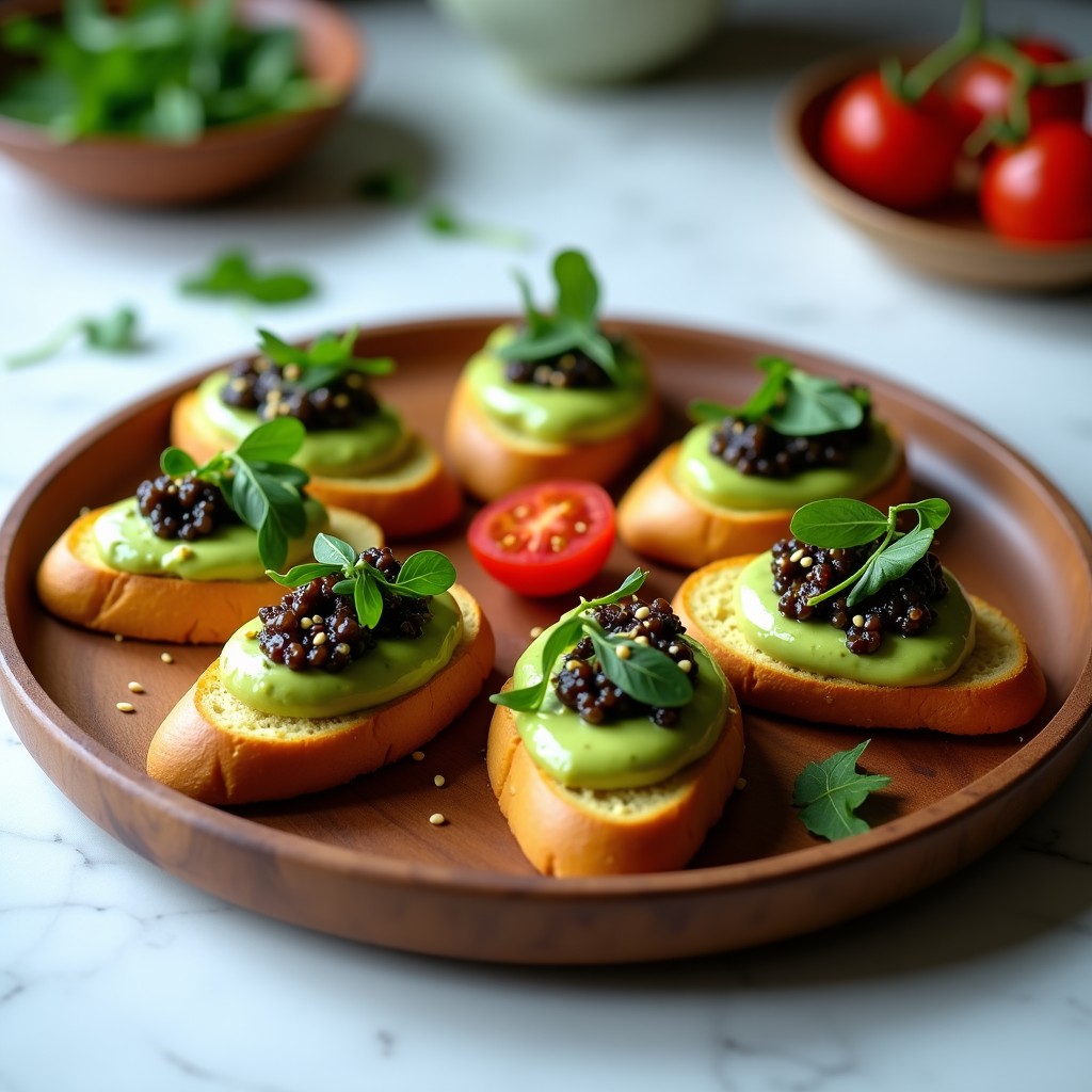 Bruschettas de pan de maíz dorado con guacamole cremoso verde y caviar de berenjena oscuro, decoradas con rúcula y semillas de sésamo. Aperitivo italiano sin gluten en plato rústico de madera.