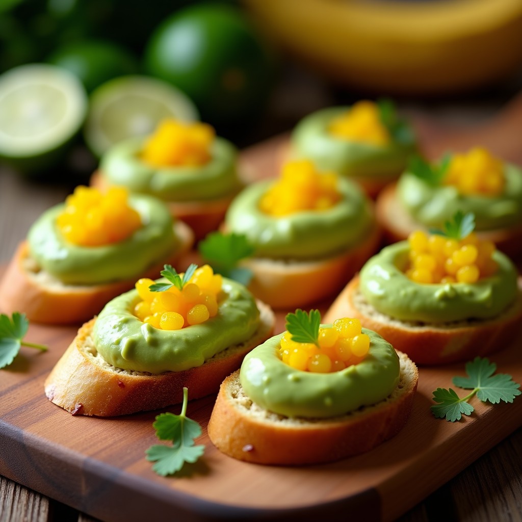 Bruschettas de pan de plátano macho doradas y crujientes, servidas en una tabla de madera rústica con crema de aguacate verde y caviar de lima amarillo brillante. Decoradas con hojas de cilantro fresco y un fondo borroso de limas cortadas.