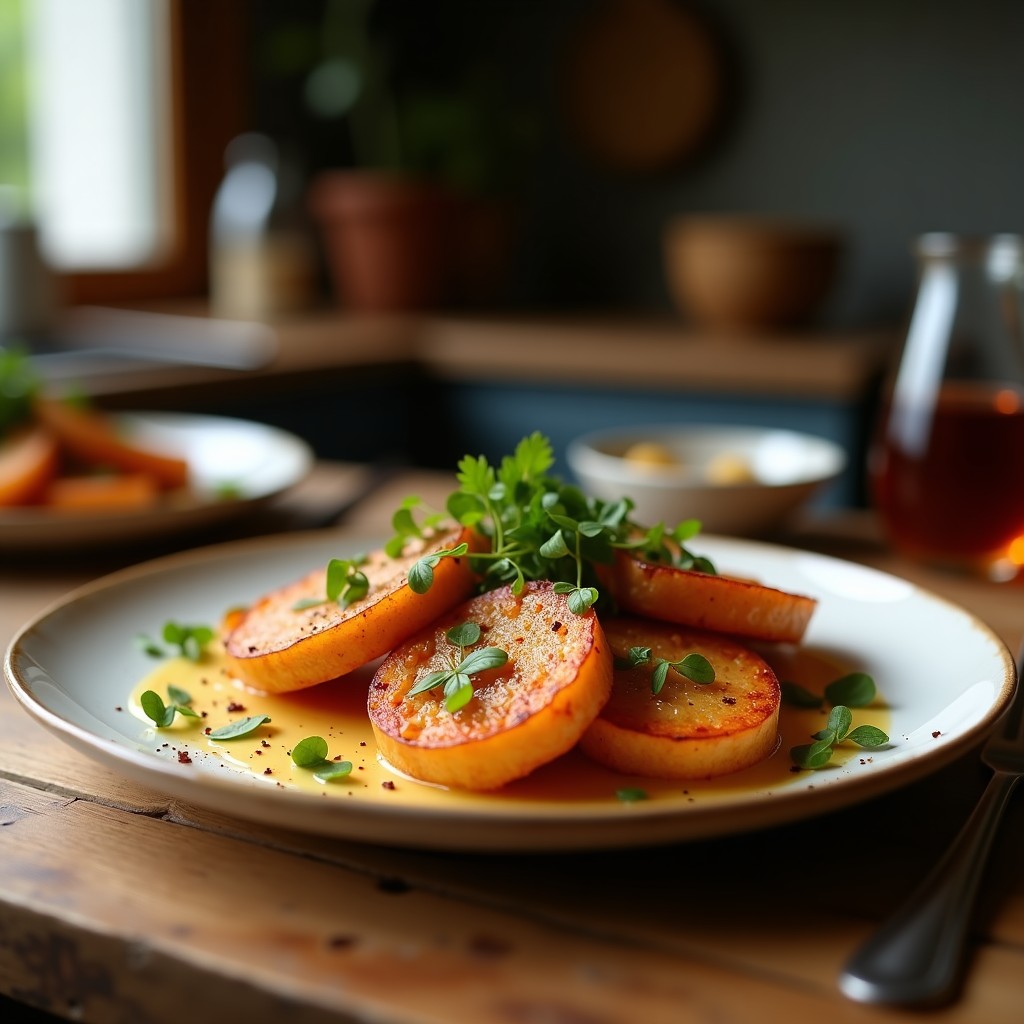 Brotas de Bruselas asadas doradas y brillantes con glaseado de miso, espolvoreadas con semillas de sésamo negro y blanco, servidas en un plato de cerámica oscura con fondo de cocina minimalista.