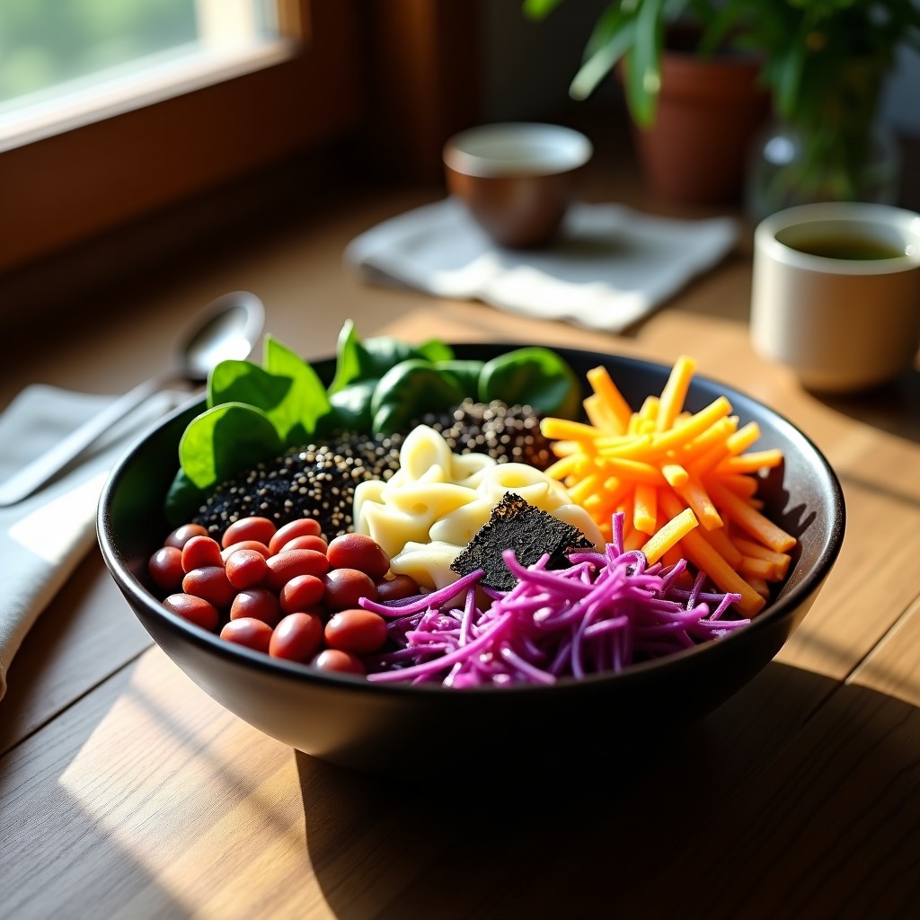 Buddha bowl colorido con frijoles adzuki rojos en un lado, daikon fermentado amarillo y col morada encurtida en el centro, espinacas verdes de base, zanahoria amarilla salteada, semillas de sésamo negro y tiras de alga nori. bañado con aderezo cremoso de miso blanco. Receta japonesa vegana y probiótica.