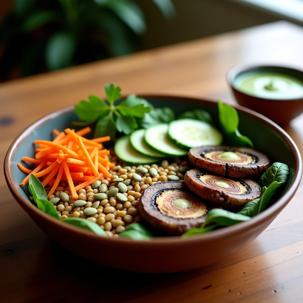 Buddha Bowl colorido con base de lechuga morada y espinacas, amaranto inflado, champiñones Portobello asados en láminas, frijoles negros, zanahoria rallada, pimiento rojo y cebolla morada, bañado en cremoso aderezo de aguacate verde y decorado con semillas de calabaza. Receta mexicana sin gluten.