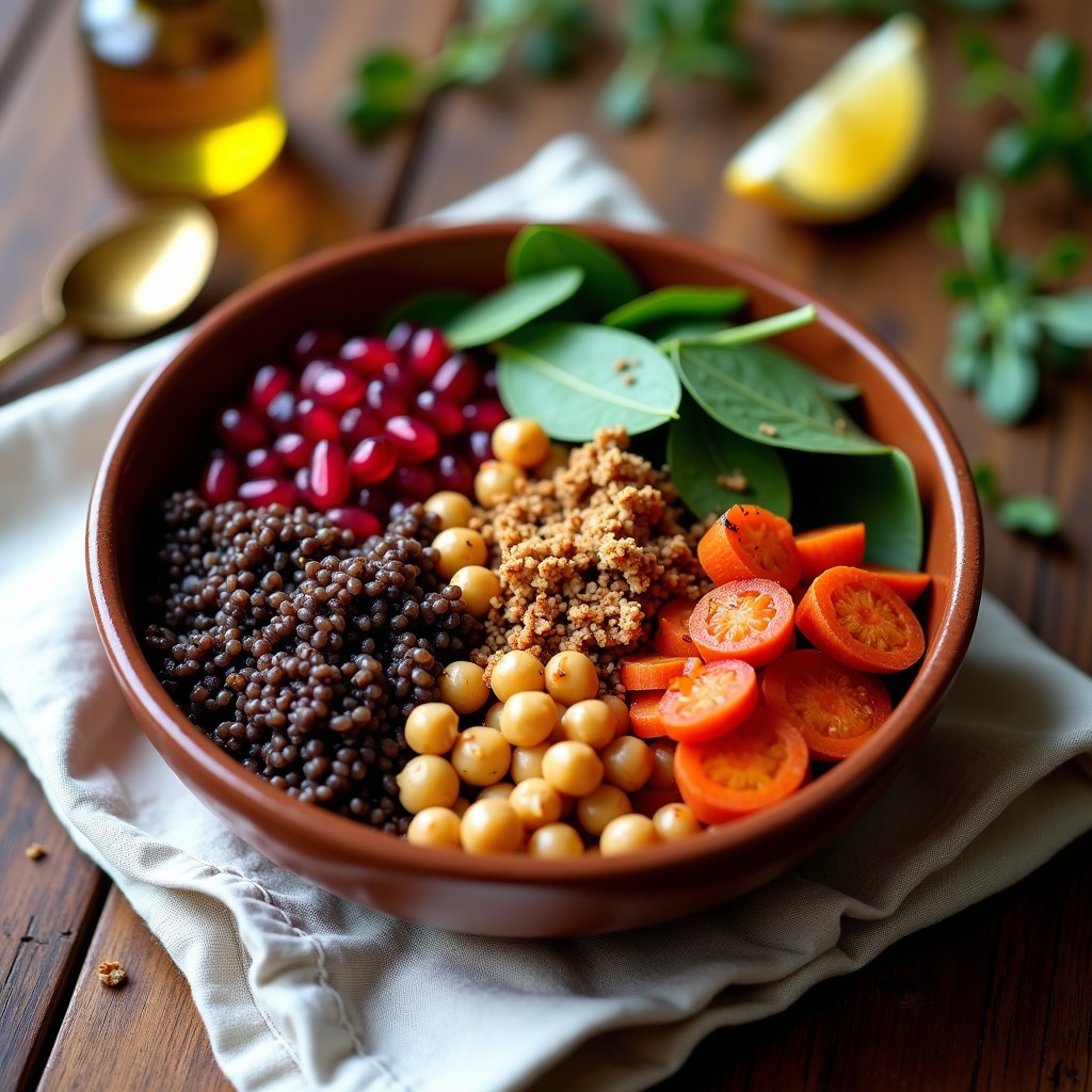 Buddha Bowl marroquí vegano con arroz salvaje oscuro, garbanzos dorados con especias, calabaza y berenjena asadas, espinacas frescas, almendras tostadas y semillas de granada. Acabado con aceite de argán y cilantro fresco.